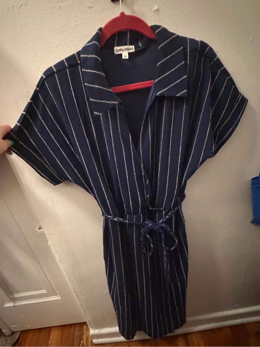 Kathy Ireland Navy and White Striped Tie-Waist Midi Dress